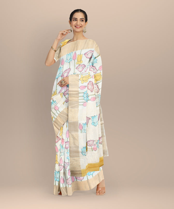 Beige mustard tussar silk hand painted saree