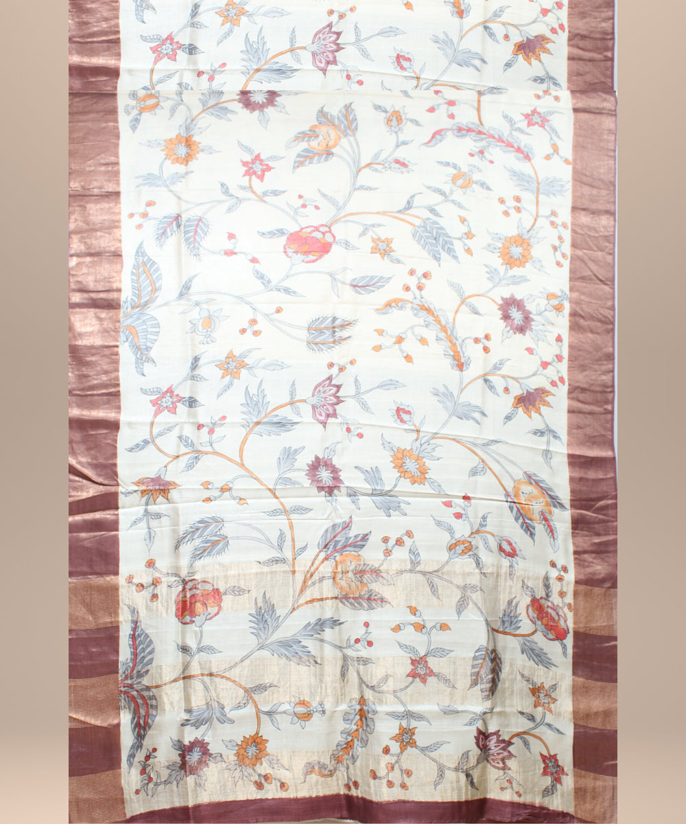 Beige gold zari tussar silk hand painted saree