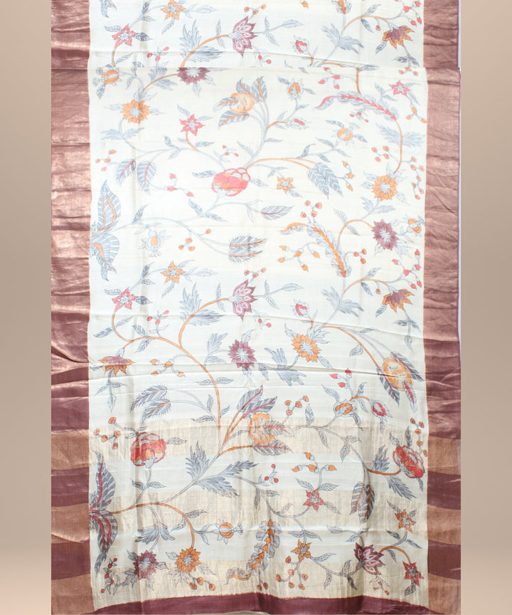 Beige gold zari tussar silk hand painted saree