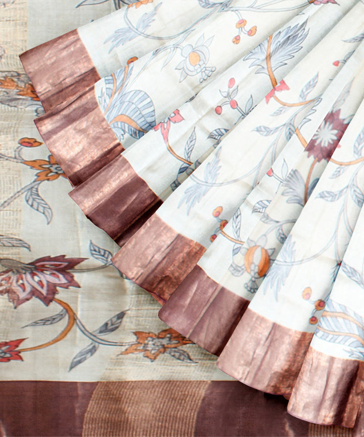 Beige gold zari tussar silk hand painted saree