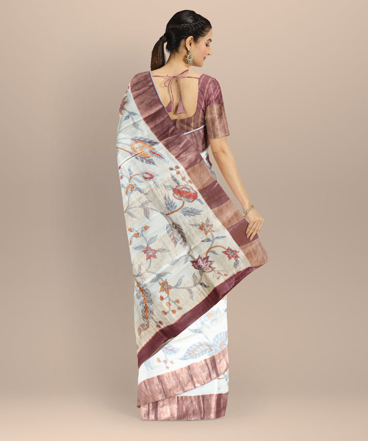Beige gold zari tussar silk hand painted saree
