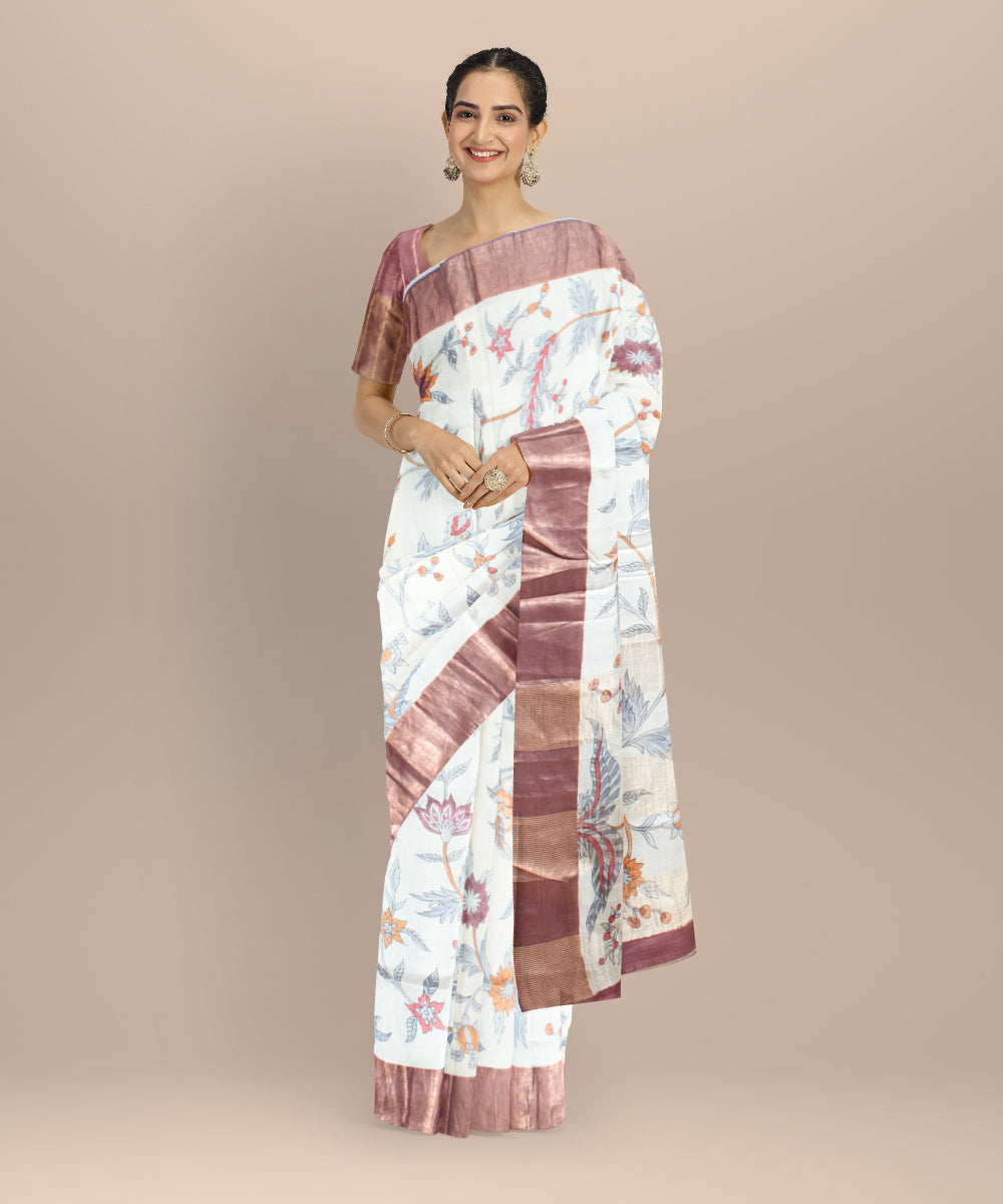 Beige gold zari tussar silk hand painted saree