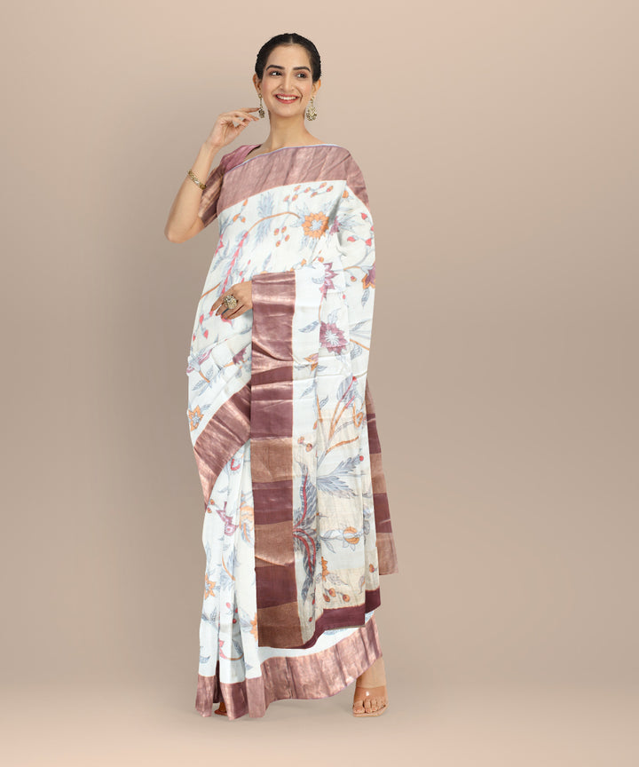 Beige gold zari tussar silk hand painted saree
