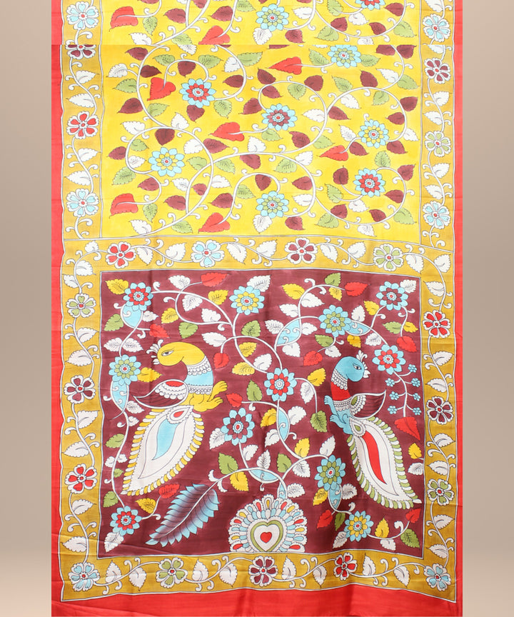 Multicolor red silk hand painted saree