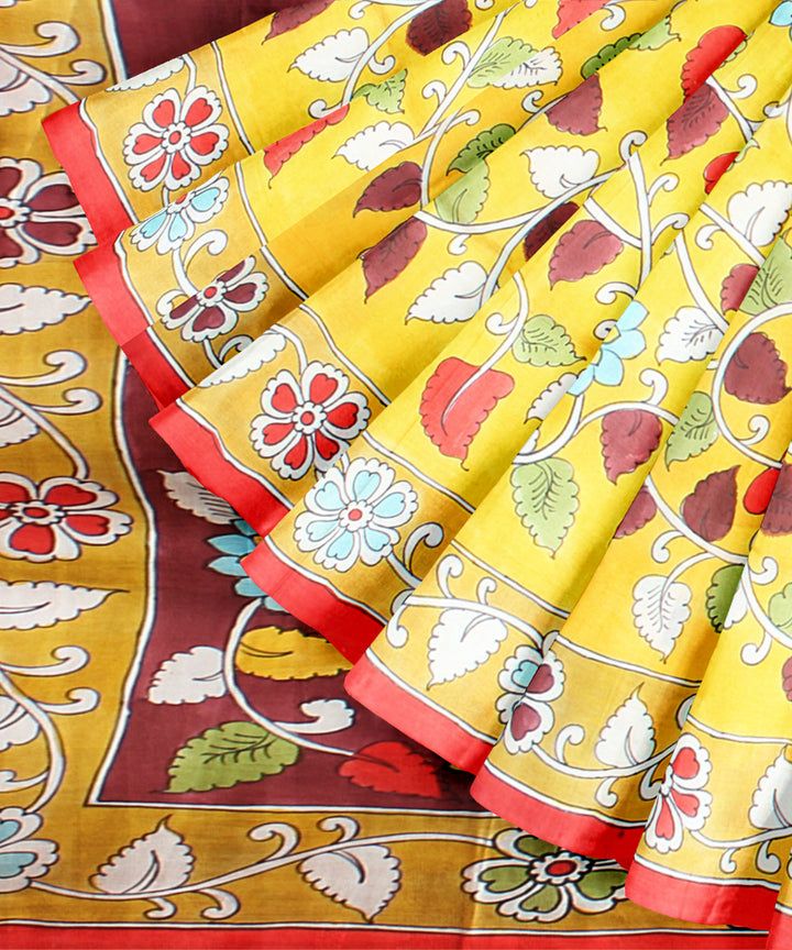 Multicolor red silk hand painted saree