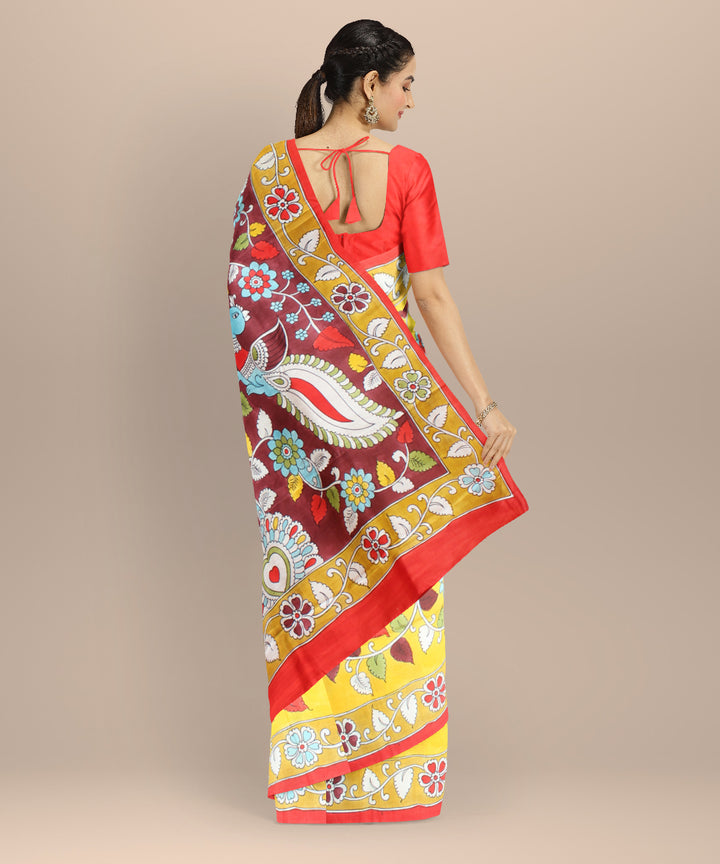 Multicolor red silk hand painted saree