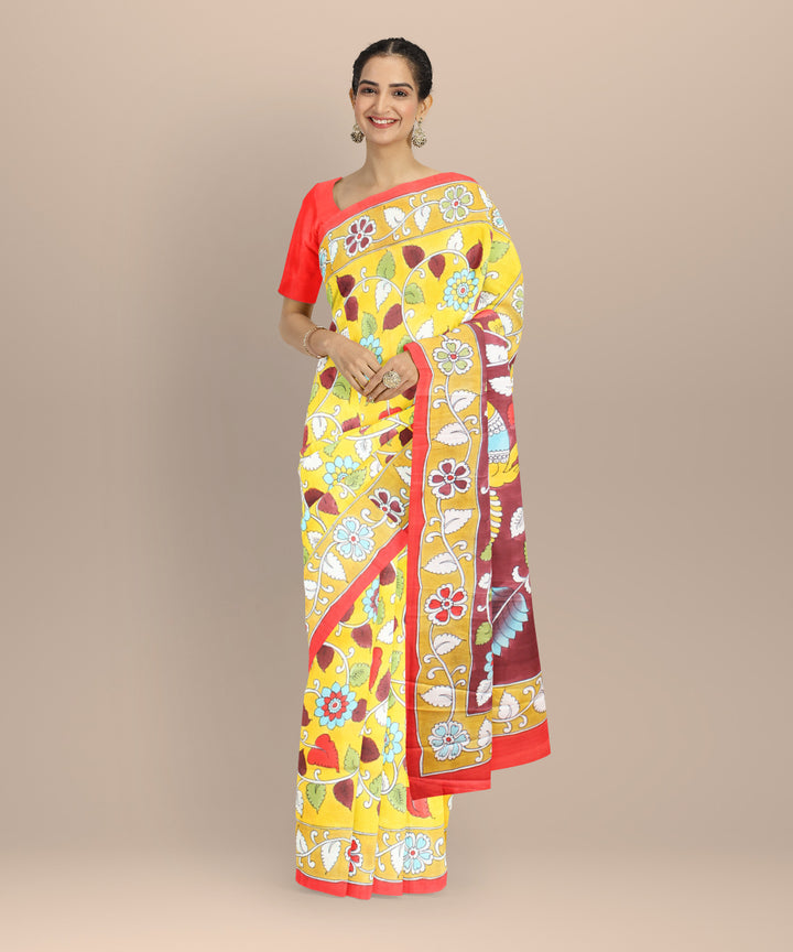 Multicolor red silk hand painted saree