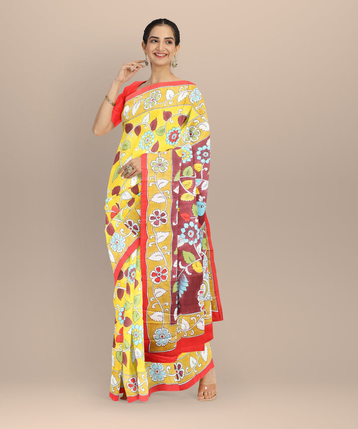 Multicolor red silk hand painted saree