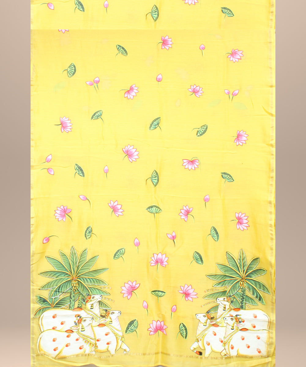 Yellow green cotton silk hand painted chanderi saree
