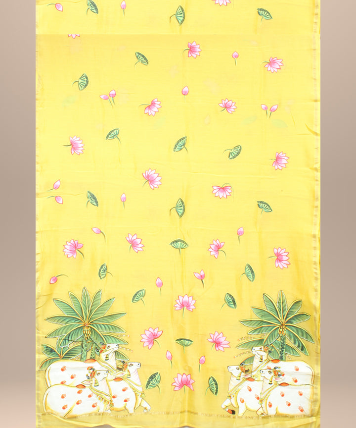 Yellow green cotton silk hand painted chanderi saree