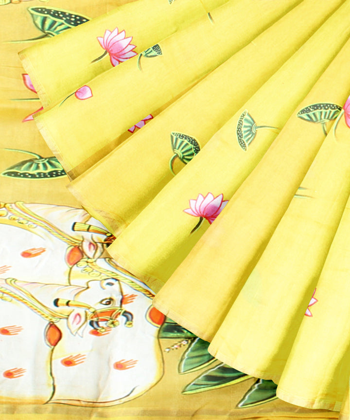Yellow green cotton silk hand painted chanderi saree