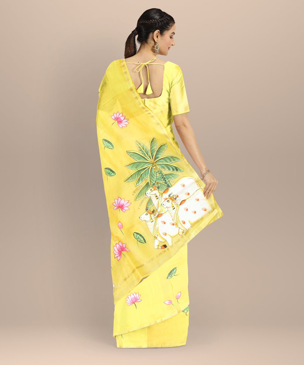 Yellow green cotton silk hand painted chanderi saree