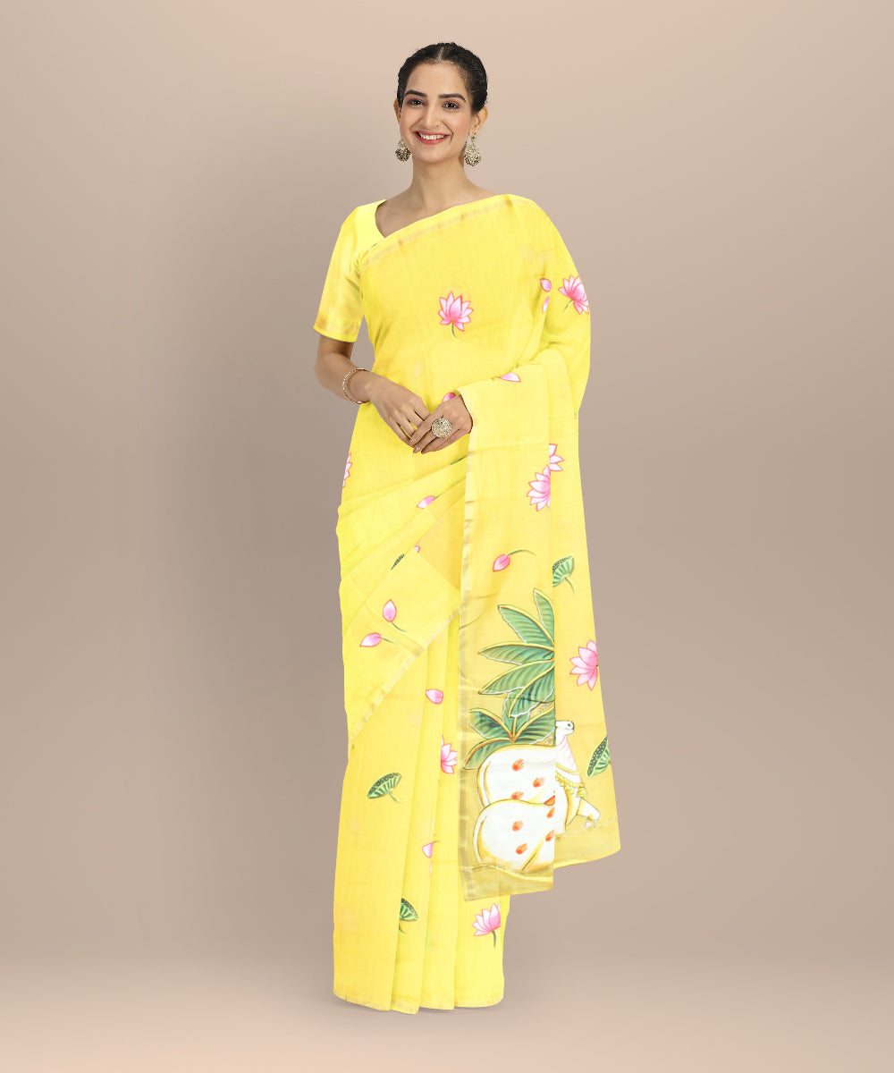 Yellow green cotton silk hand painted chanderi saree