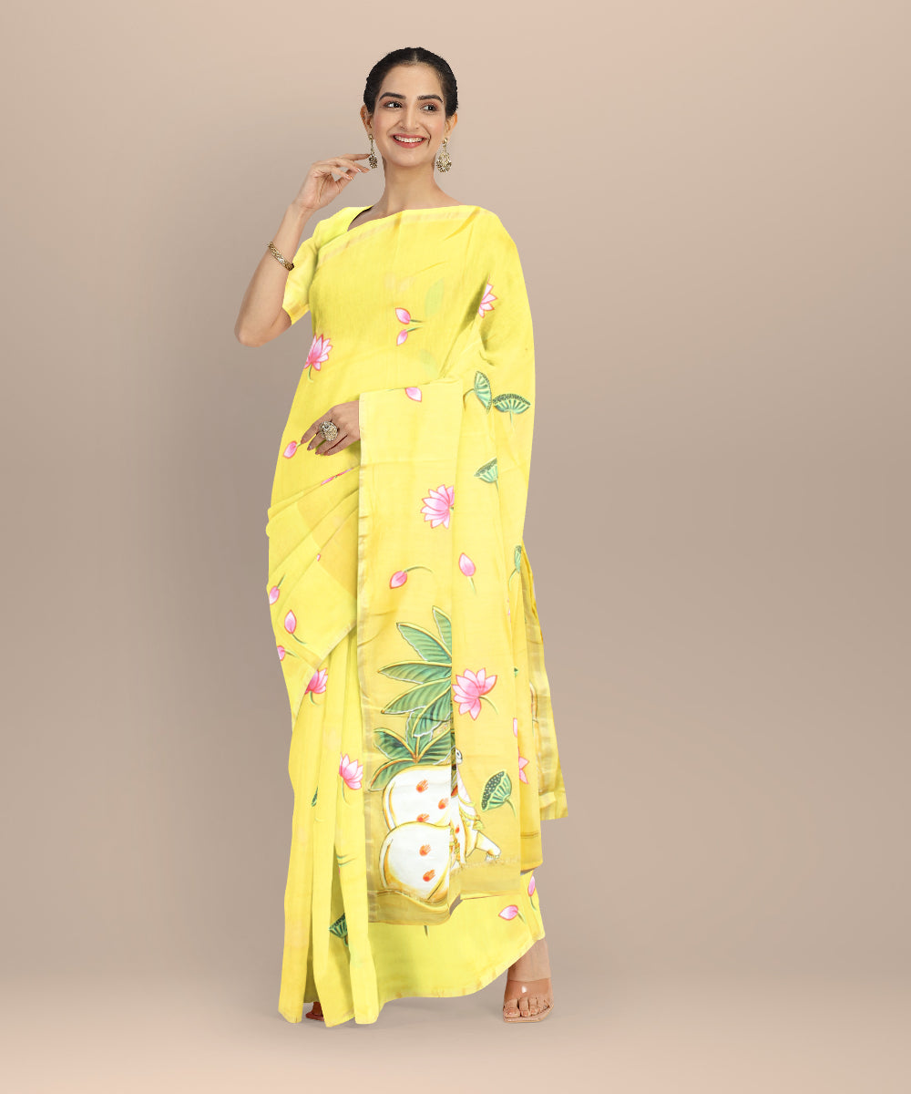 Yellow green cotton silk hand painted chanderi saree