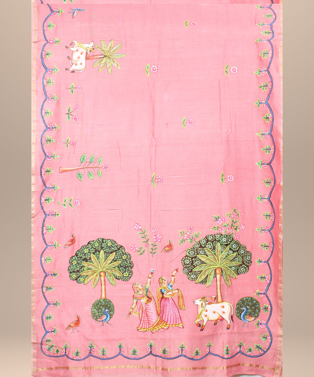 Pink green cotton silk hand painted chanderi saree