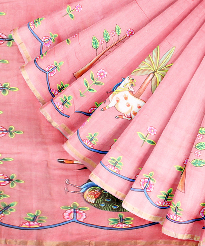 Pink green cotton silk hand painted chanderi saree