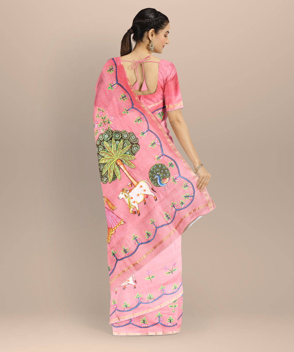 Pink green cotton silk hand painted chanderi saree