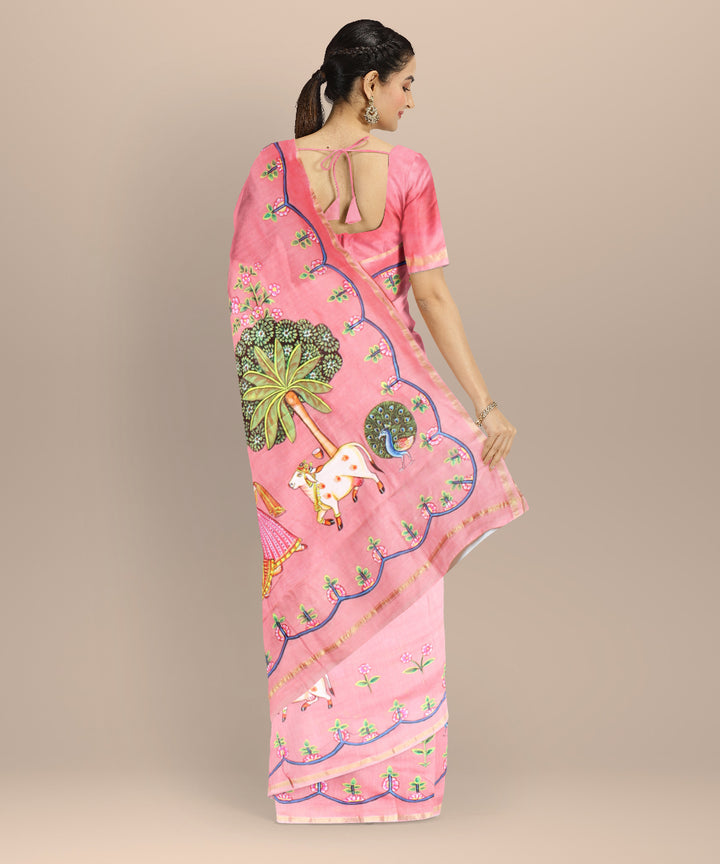 Pink green cotton silk hand painted chanderi saree