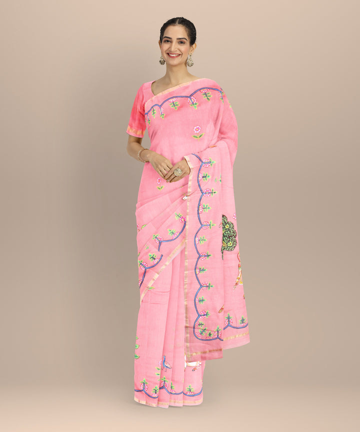 Pink green cotton silk hand painted chanderi saree
