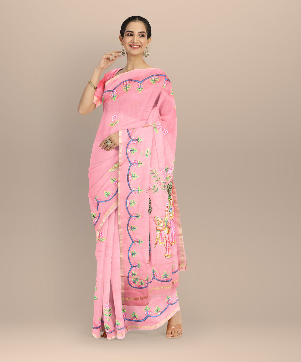 Pink green cotton silk hand painted chanderi saree