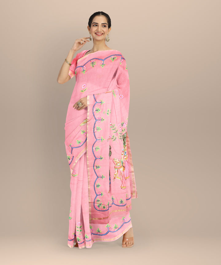 Pink green cotton silk hand painted chanderi saree