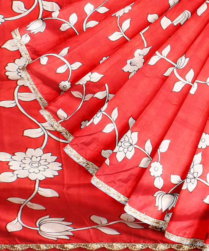 Red white silk hand painted saree