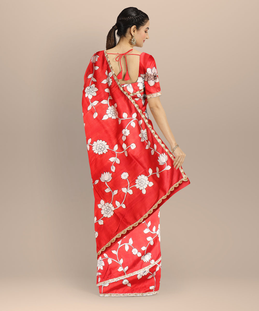 Red white silk hand painted saree