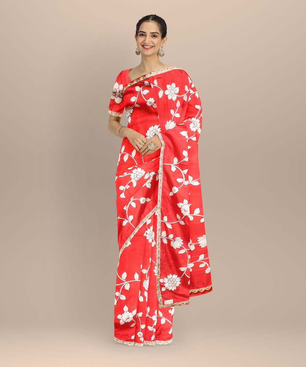 Red white silk hand painted saree