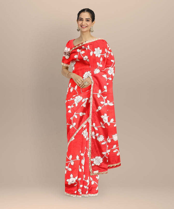 Red white silk hand painted saree