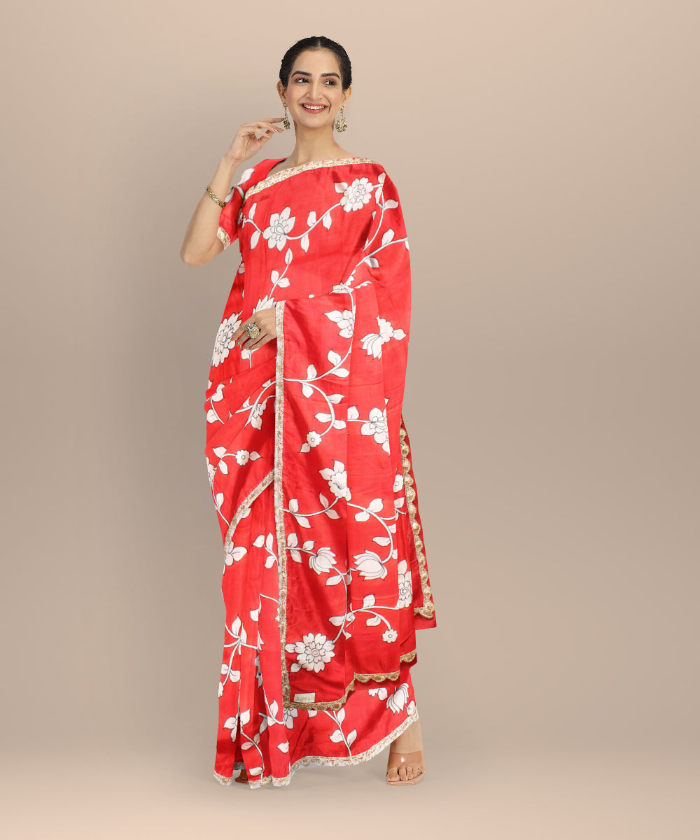 Red white silk hand painted saree