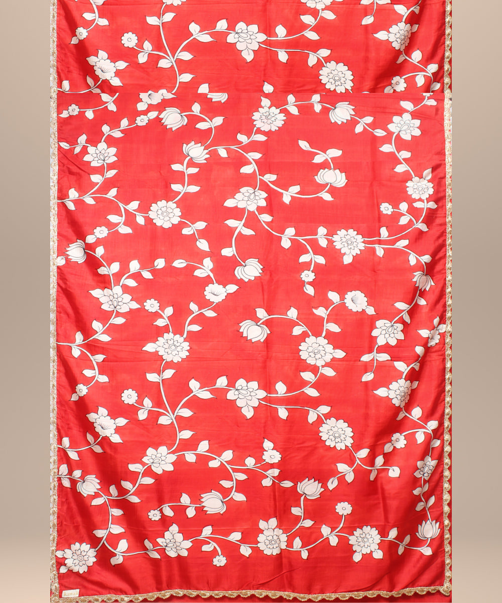 Red white silk hand painted saree