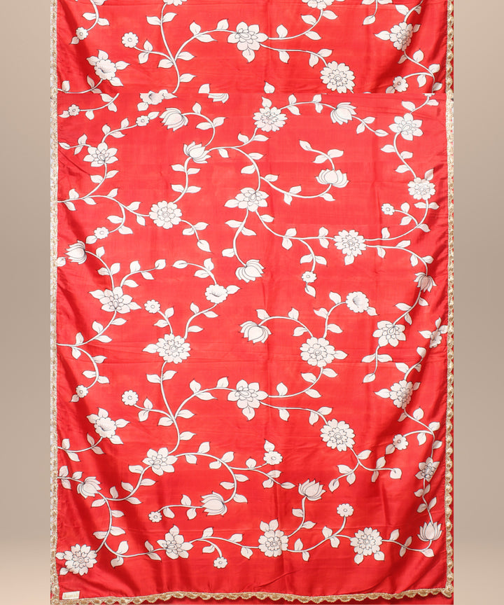Red white silk hand painted saree