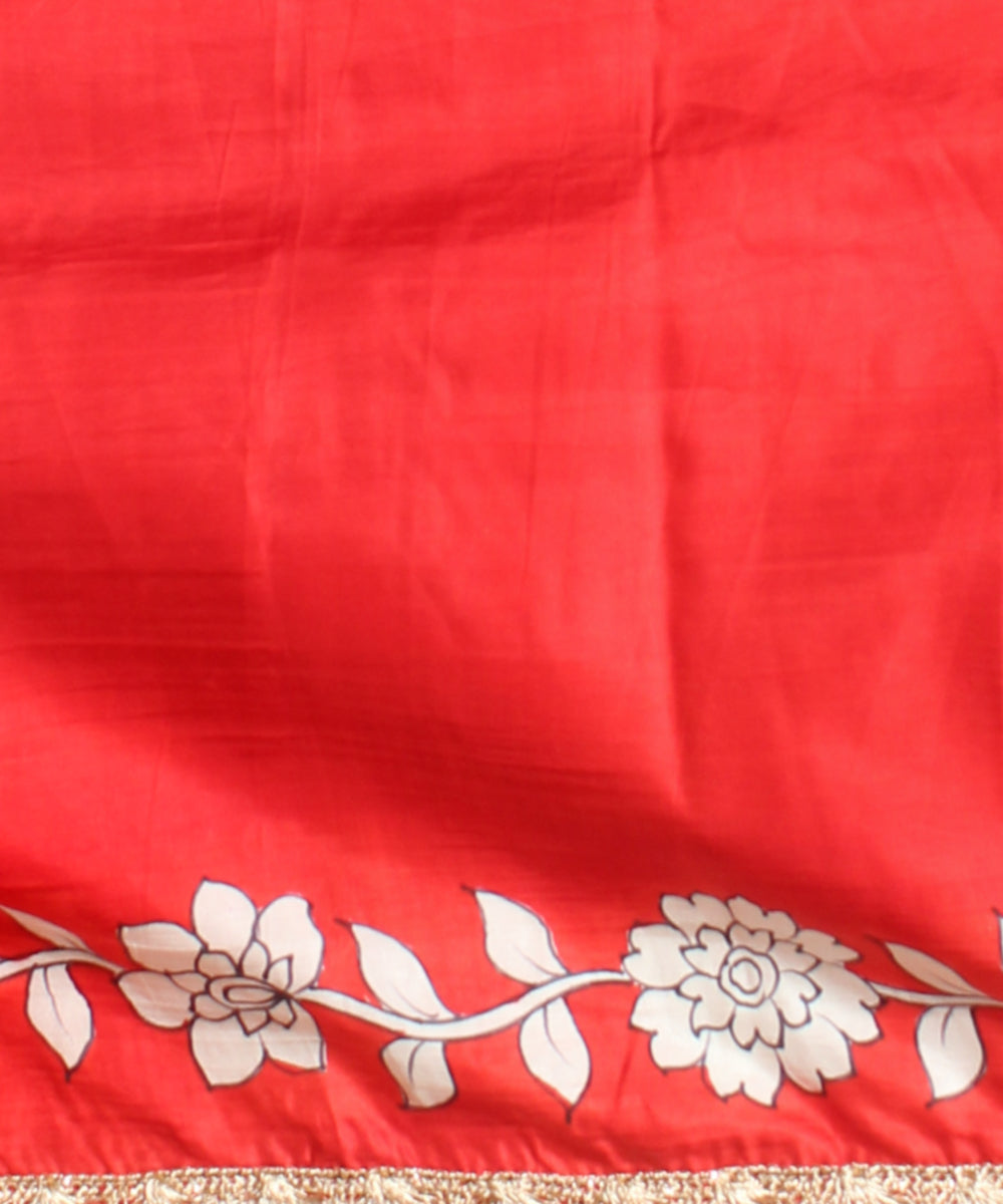 Red white silk hand painted saree
