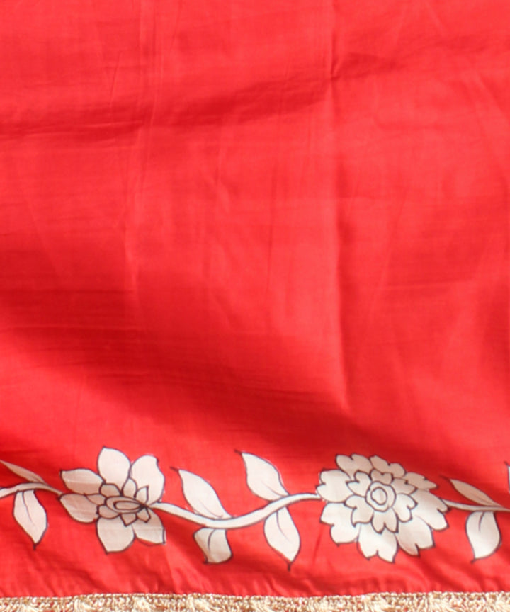 Red white silk hand painted saree