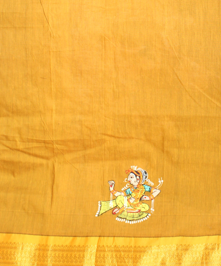 Dark green yellow cotton hand painted saree
