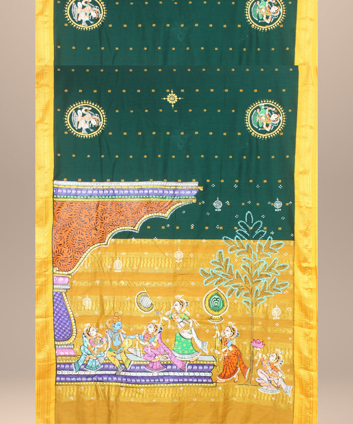 Dark green yellow cotton hand painted saree
