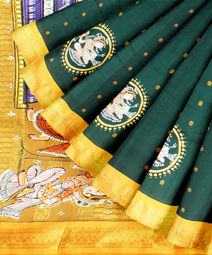 Dark green yellow cotton hand painted saree
