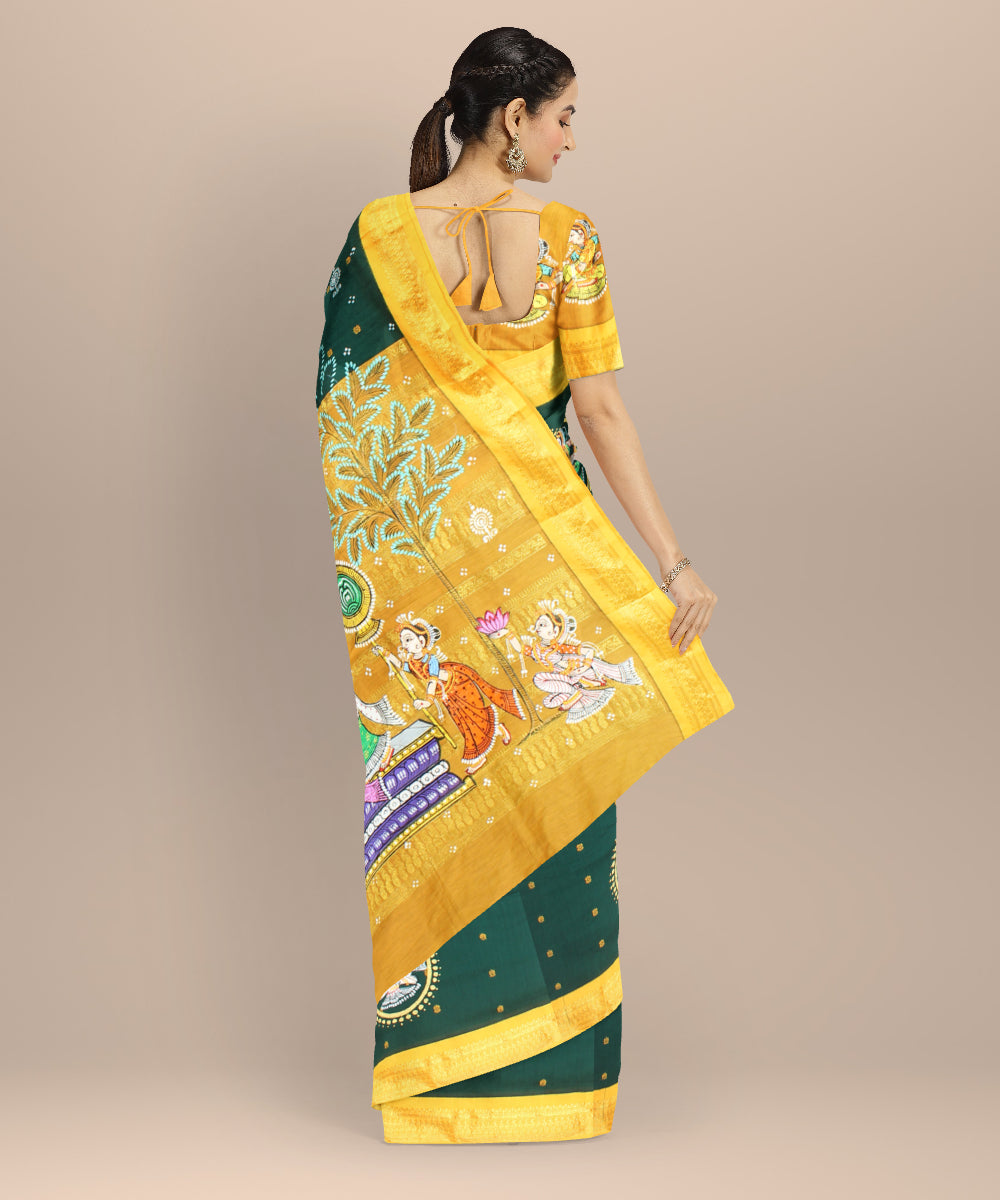 Dark green yellow cotton hand painted saree