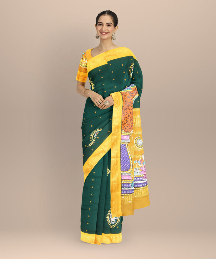 Dark green yellow cotton hand painted saree