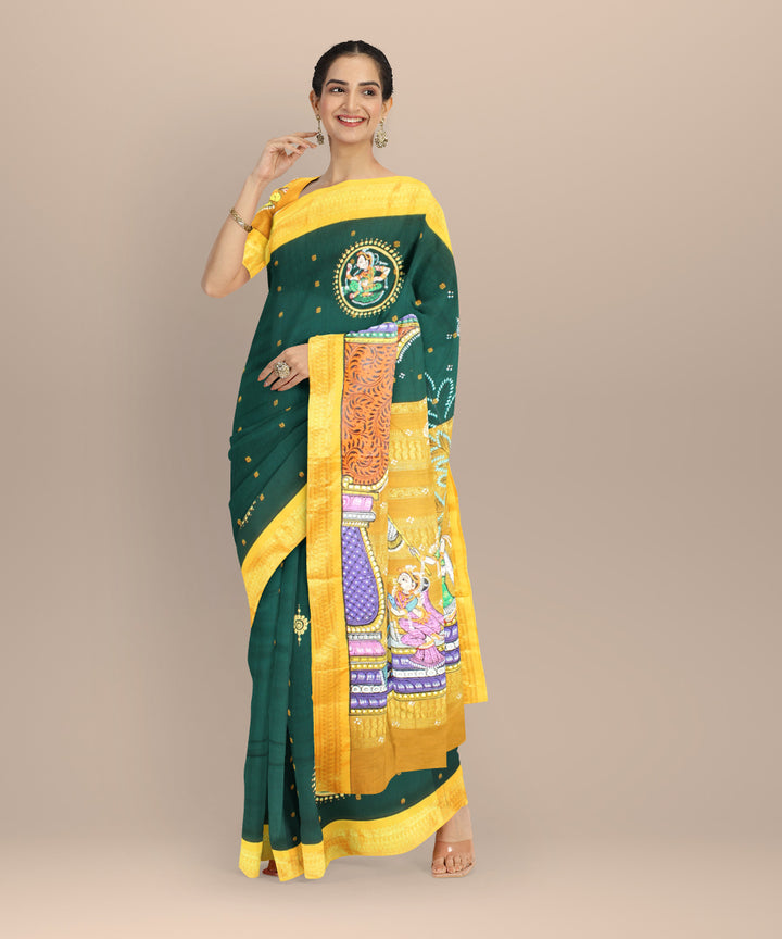 Dark green yellow cotton hand painted saree