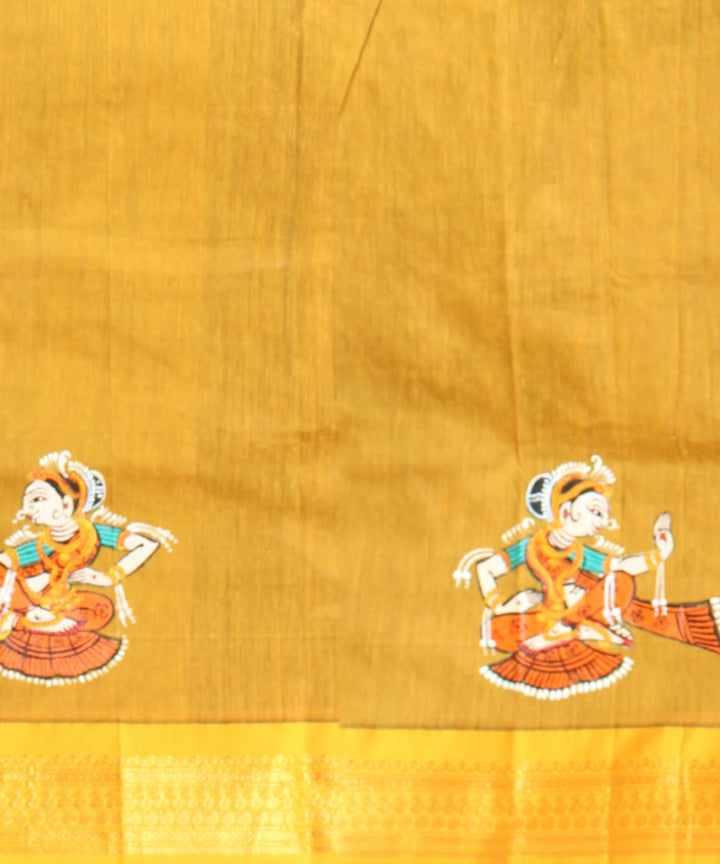 Maroon yellow cotton hand painted saree