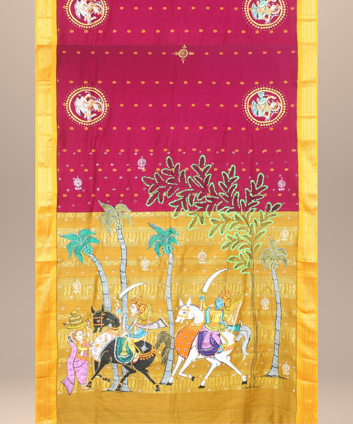 Maroon yellow cotton hand painted saree