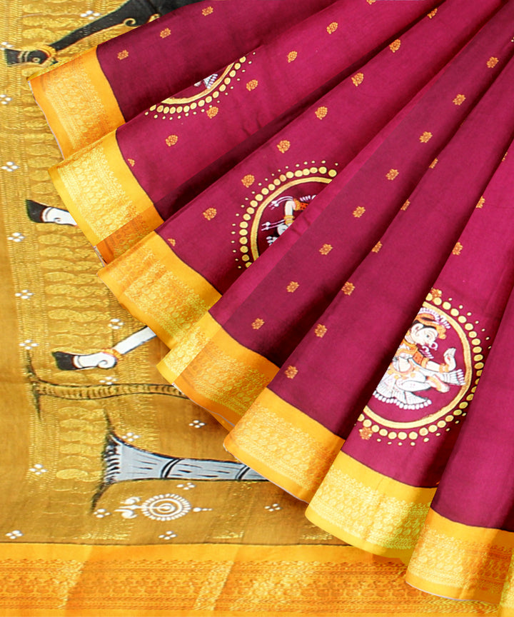 Maroon yellow cotton hand painted saree