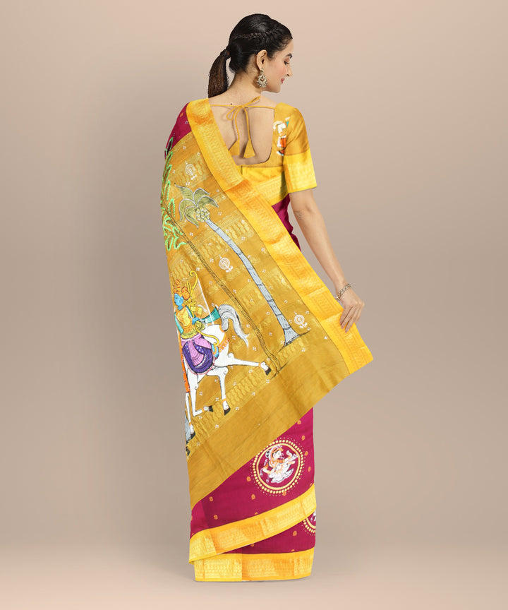 Maroon yellow cotton hand painted saree
