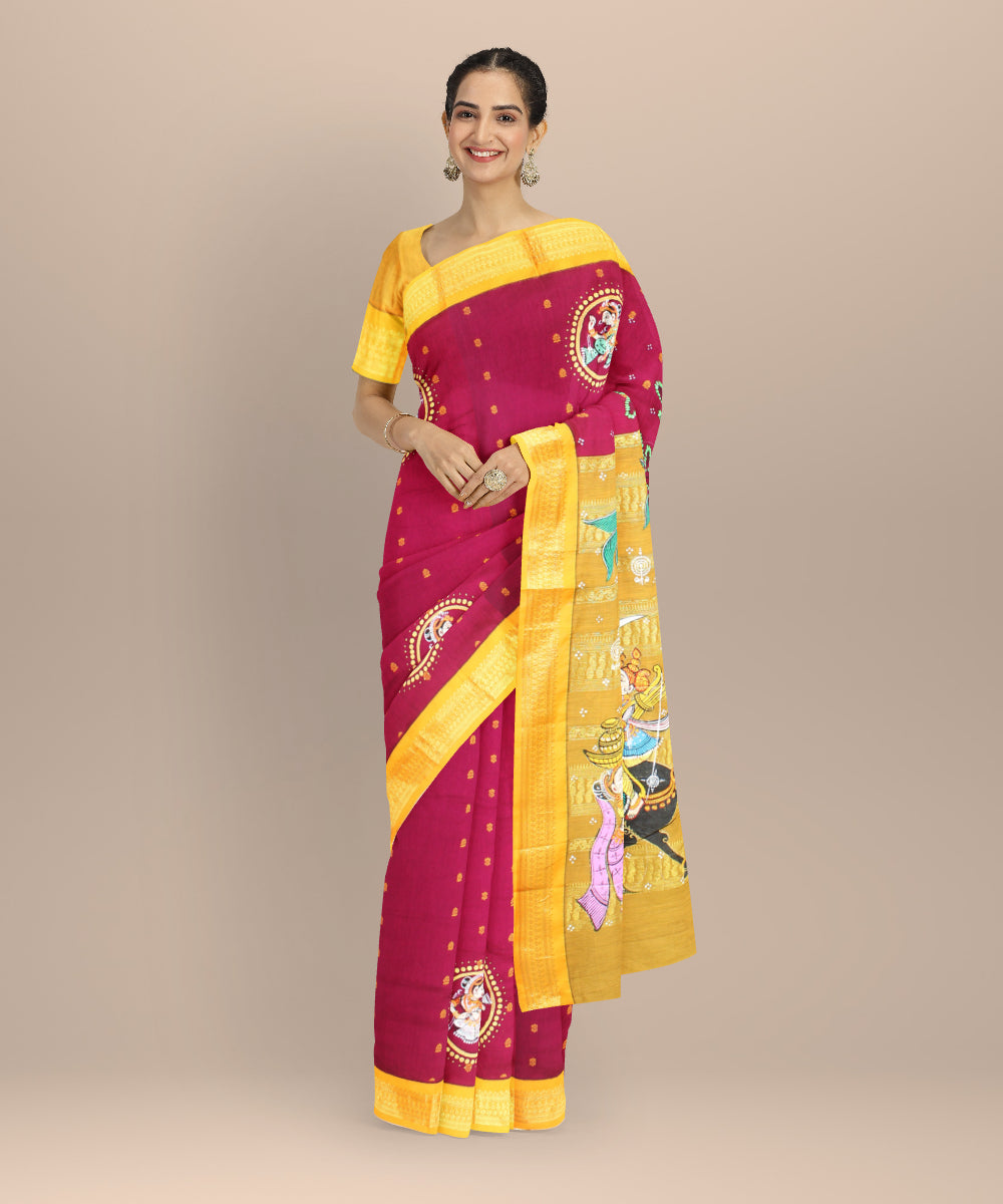 Maroon yellow cotton hand painted saree
