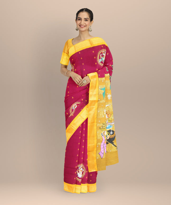 Maroon yellow cotton hand painted saree