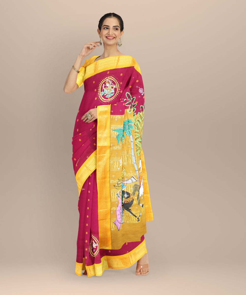 Maroon yellow cotton hand painted saree