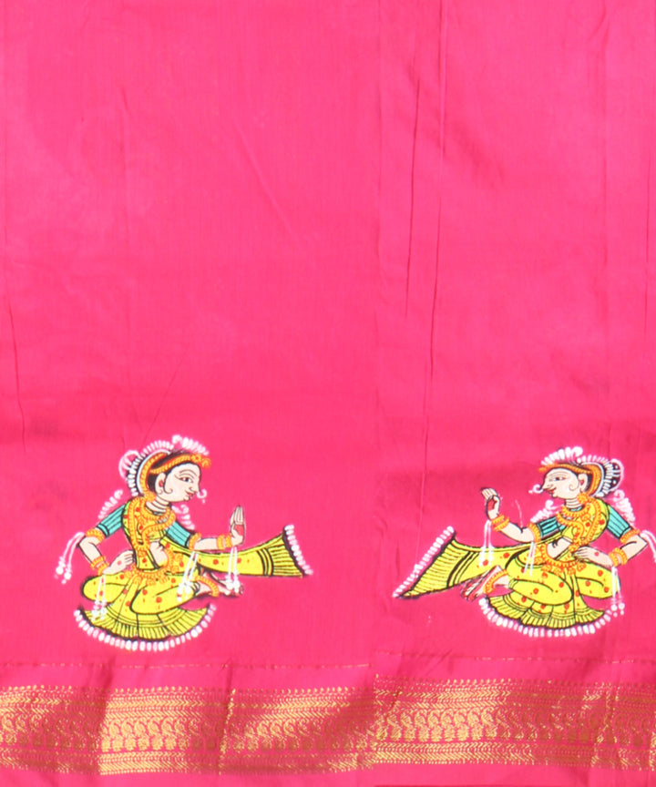 Peach dark pink cotton hand painted saree