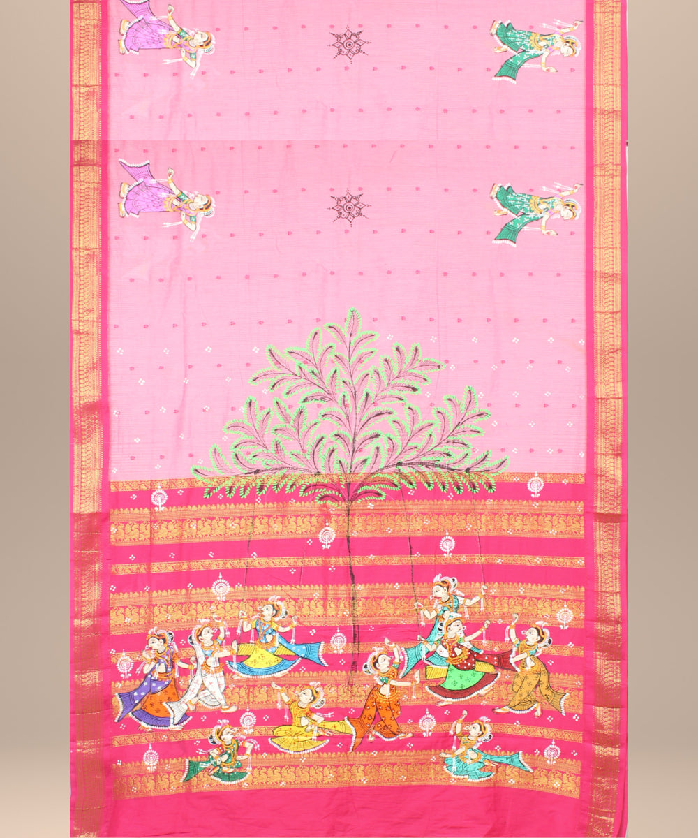 Peach dark pink cotton hand painted saree