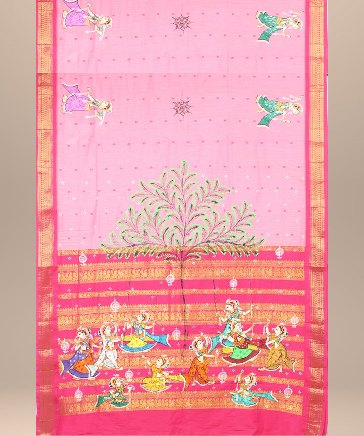 Peach dark pink cotton hand painted saree